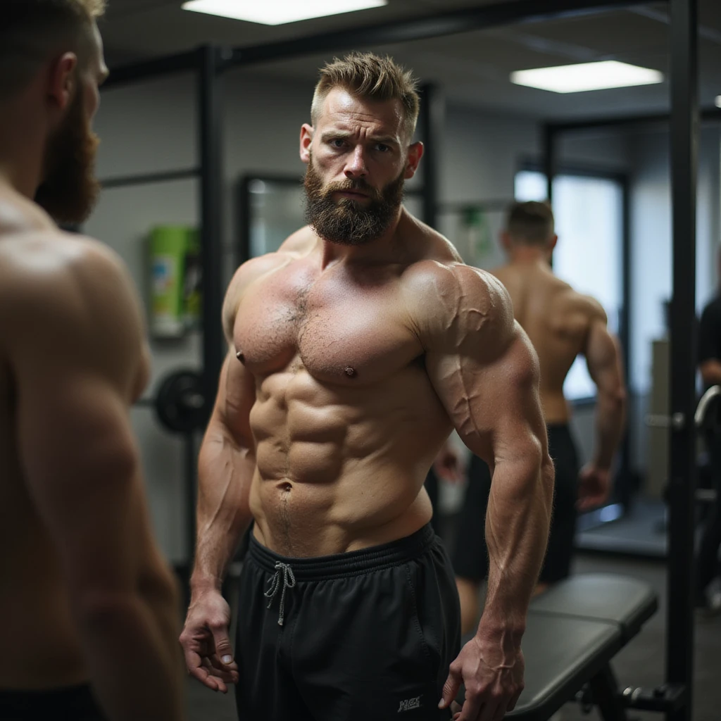 realistic male bodybuilder, extreme definition, very lean physique, less full muscles, visible veins, lean appearance, in front of mirror, frustrated look, gym with soft light, protein shaker on bench emoji