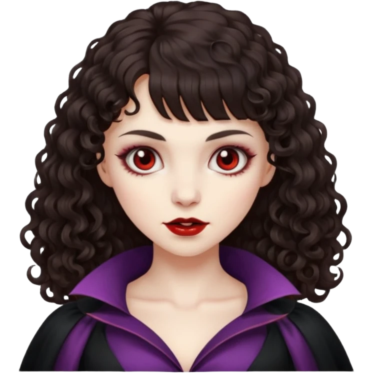 vampire feminine and with bangs  dark brown hair  curly hair  emoji