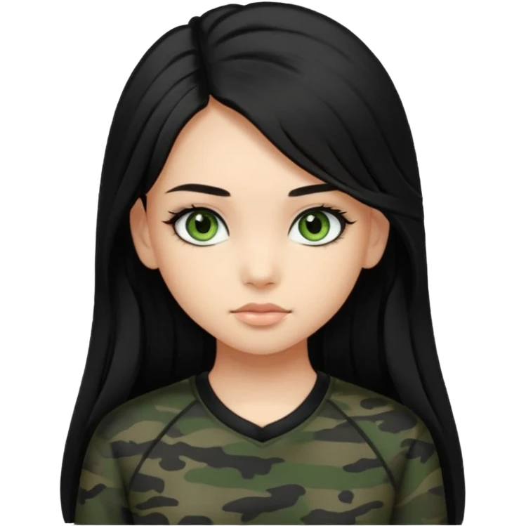 cute teenage girl, cute black trendy athletic clothes, light tan skin, very dark camo green eyes, long black hair, very long eyelashes emoji