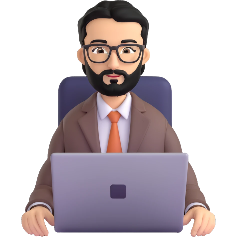 professional middle eastern businessman with well-groomed medium length black beard, neat black hair, connected eyebrows, elongated nose, tan skin, brown eyes, modern glasses, wearing perfectly pressed business casual outfit, efficiently working on a laptop emoji