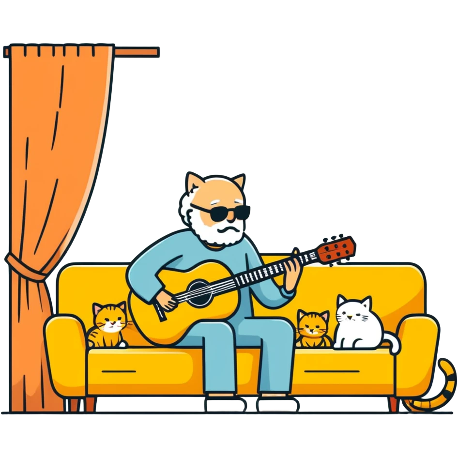  old blind man playing guitar  on the couch with his golden cat  emoji