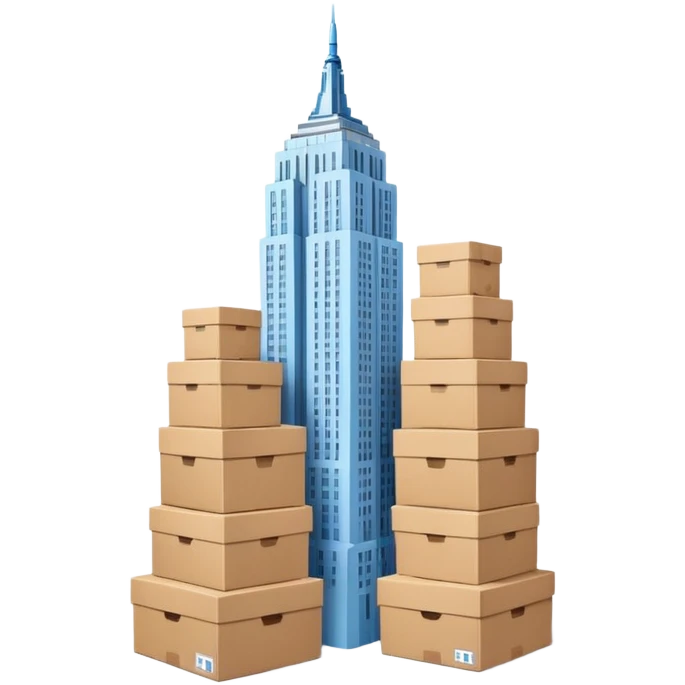 light blue Empire State Building with natural cardboard boxes stacked around emoji