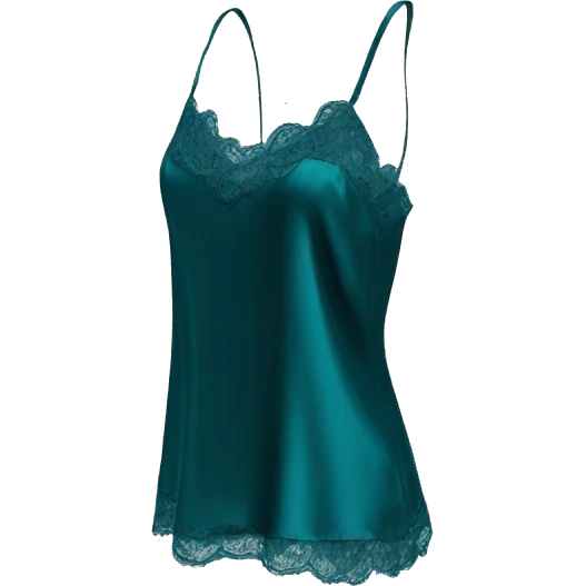 Realistic isolated side view of a dark teal silk camisole lace top blouse. emoji