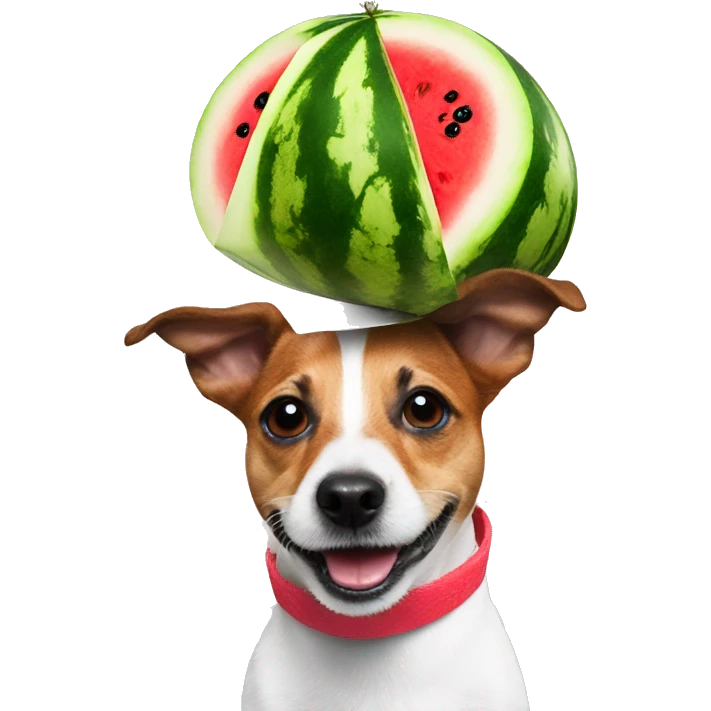 a jack russel with a watermelon on his head making a helmet of himself emoji