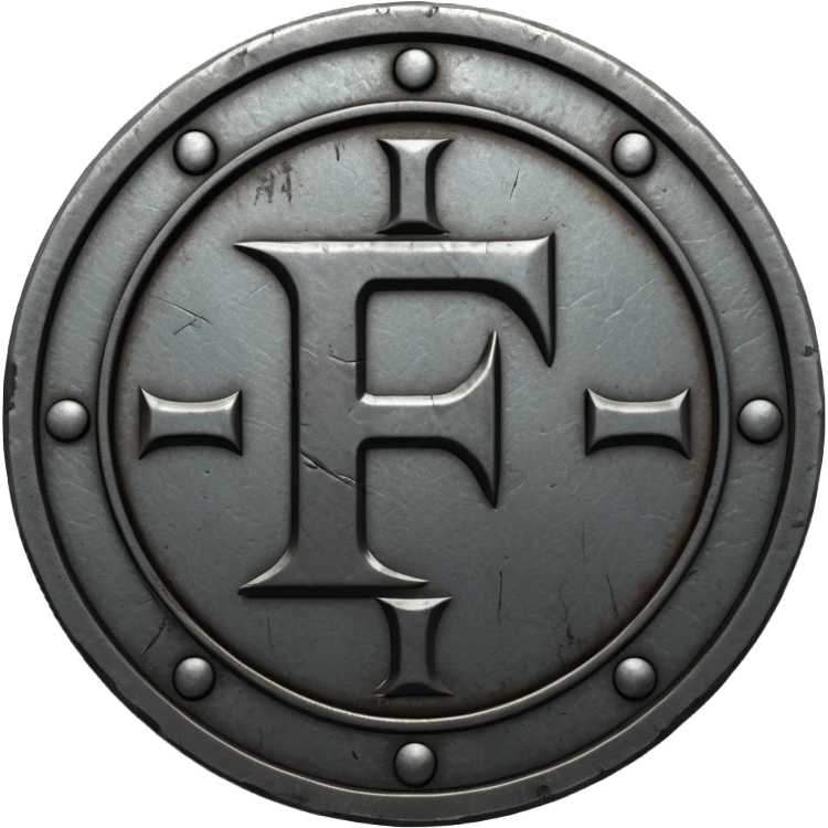 Minimal emoji, gothic metal coin made of black steel, engraved number f at the center, ancient industrial aesthetic, worn metal texture, no glow, no neon, flat emoji design, centered, transparent background emoji