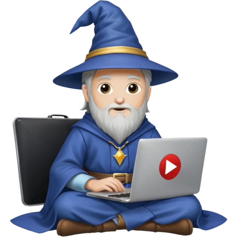 A wizard sitting with a laptop on his lap, the laptop looking like a Mac but with the YouTube logo on it emoji