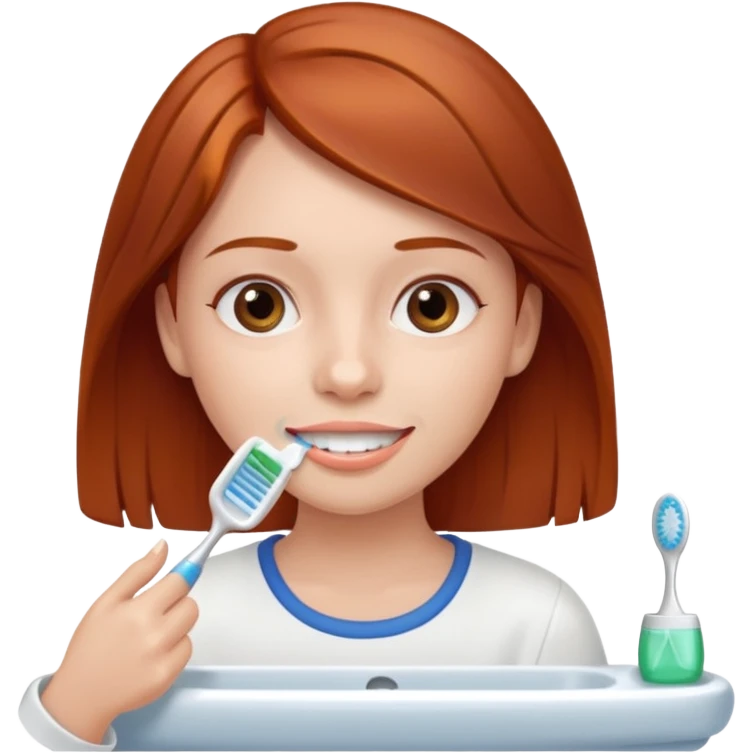 A girl with reddish-brown hair, who just woke up in the morning, is brushing her teeth. emoji