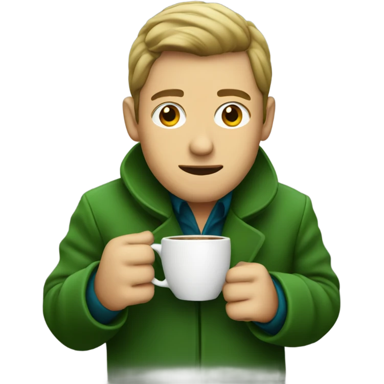 man in green coat sitting drinking coffee emoji