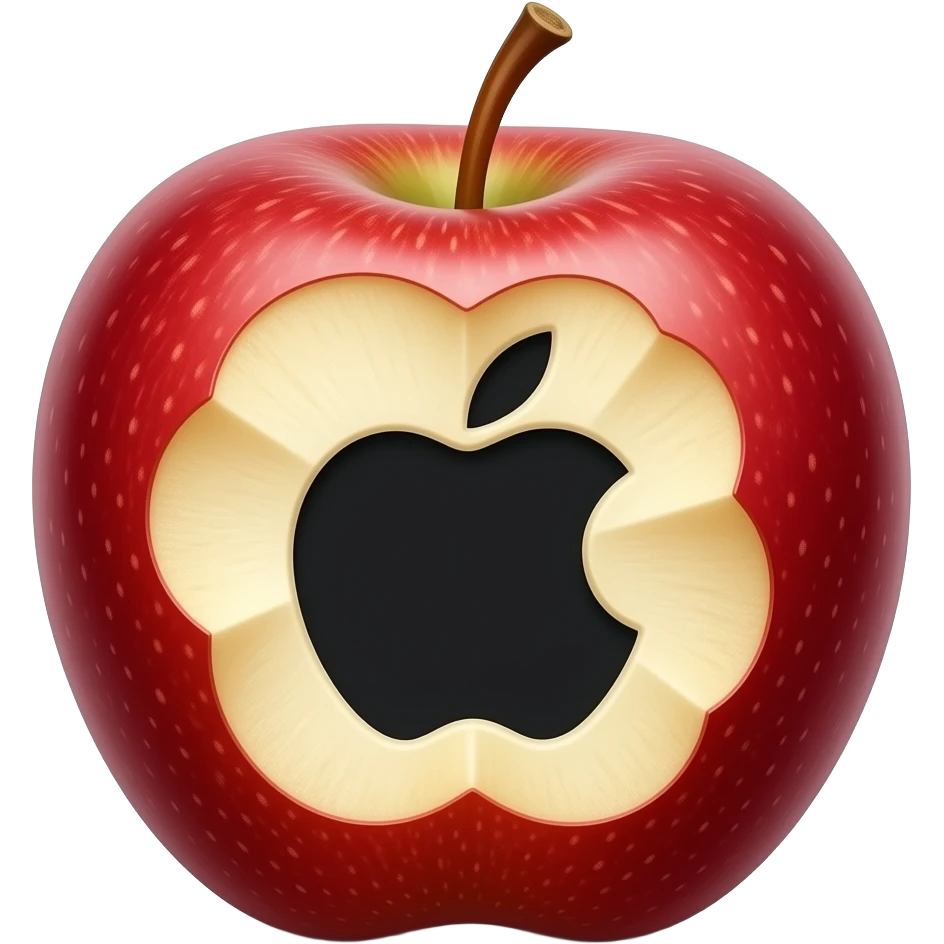A realistic red apple with a bite taken out in the exact shape of the Apple logo silhouette. The bite is physically removed, showing natural inner flesh and texture. No logo, no engraving, no tattoo, no symbol—only a real bite. Dark background, studio lighting. emoji