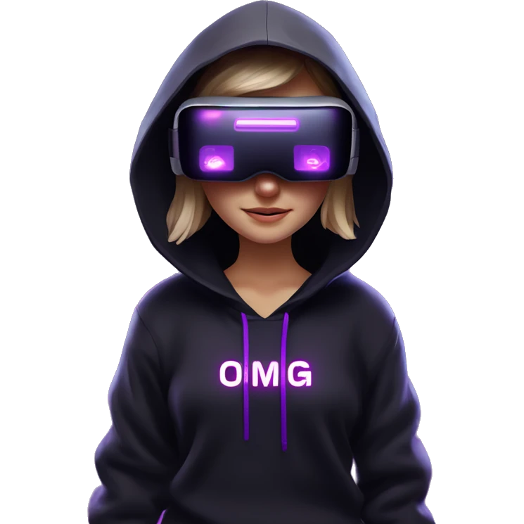 Russian girl wearing black hoody with violet letters "OMG", in vr headset oculus quest2. Standing like jedi. Cyberpunk style. Violet neon. emoji