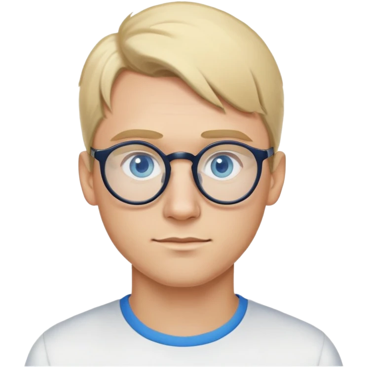 Man with blonde ponytail, round glasses and blue eye emoji