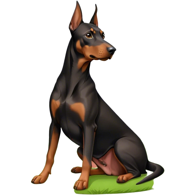 Close-up of a Doberman Pinscher sitting on lush green grass, looking alert and majestic. The background features a beautiful, serene nature view with rolling hills and bright blue skies. The dog’s sleek black and tan coat shines under the sun. Transparent background. emoji