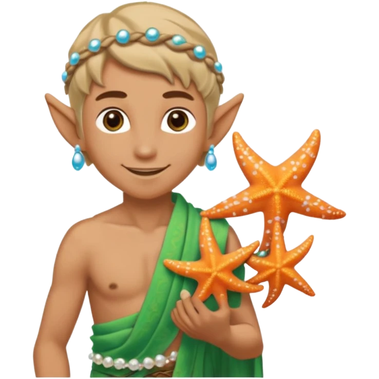 elf male Sarong with bioluminescent embroidery, armful of starfish, hair in a braid with pearl pins. emoji