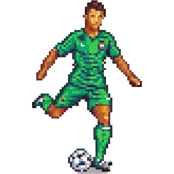 Cristiano Ronaldo, pixel art style, kicking a soccer ball, detailed pixel art emoji
