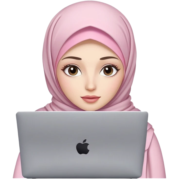 White skin woman wearing light pink hijab with natural makeup, long eyelashes and lip gloss working behind laptop emoji