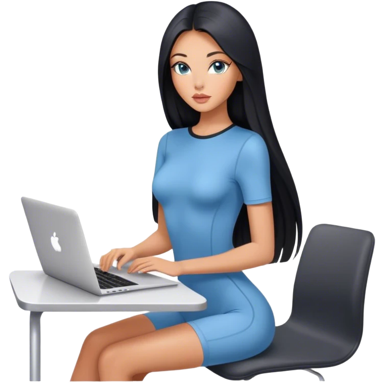 Glamours tanned very beautiful girl with pump peach nude lips and black straight smooth long hair, blue-grey eyes in short sleeves bodysuit with MacBook emoji