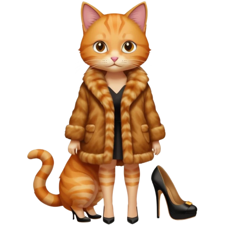 a ginger cat in fur coat and high heels emoji