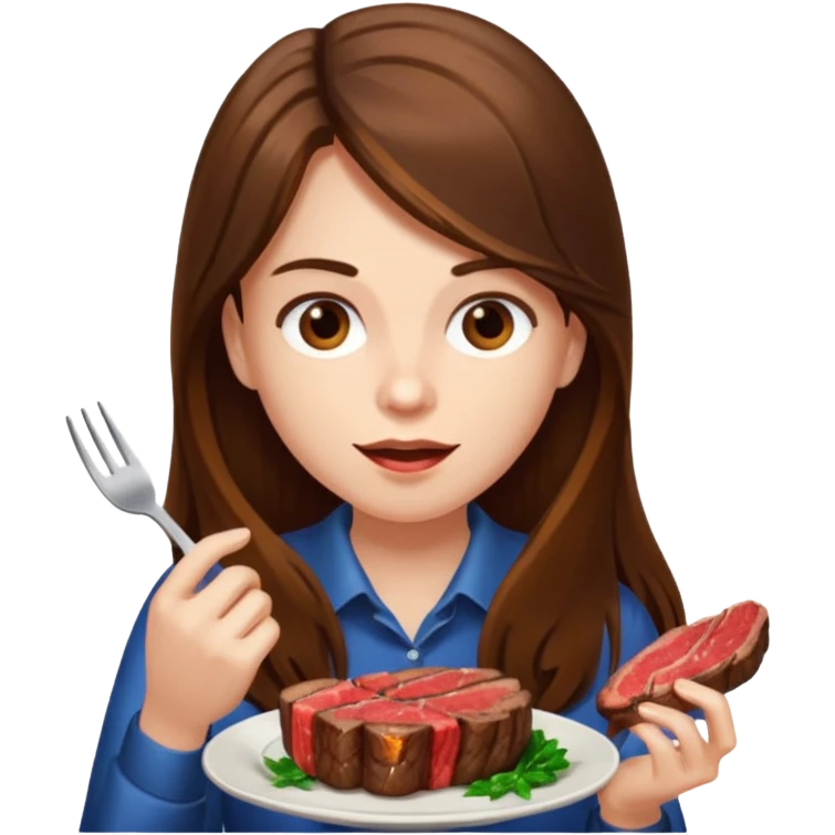 긴 갈색머리고 스테이크를 먹고있어 emoji