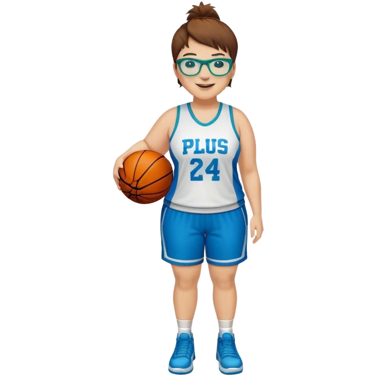 Full Body plus size white female with short brown hair with highlights spike hair wearing blue glasses basketball player wearing blue green uniform smiling emoji