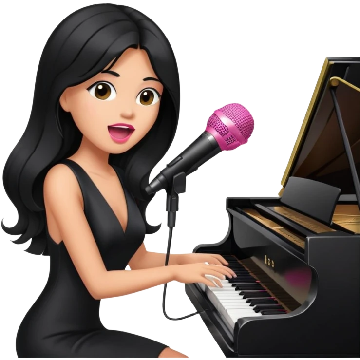 pink microphone, music, singing, playing piano, long black hair tanned woman, black glam dress emoji