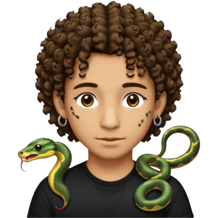 Chico con cabello medio corto, rizado, con ojos marrones, piel trigueña, con dos piercings debajo del labio (Snake bites) y dos piercings en cada oreja con pendientes negro, con polera negra emoji