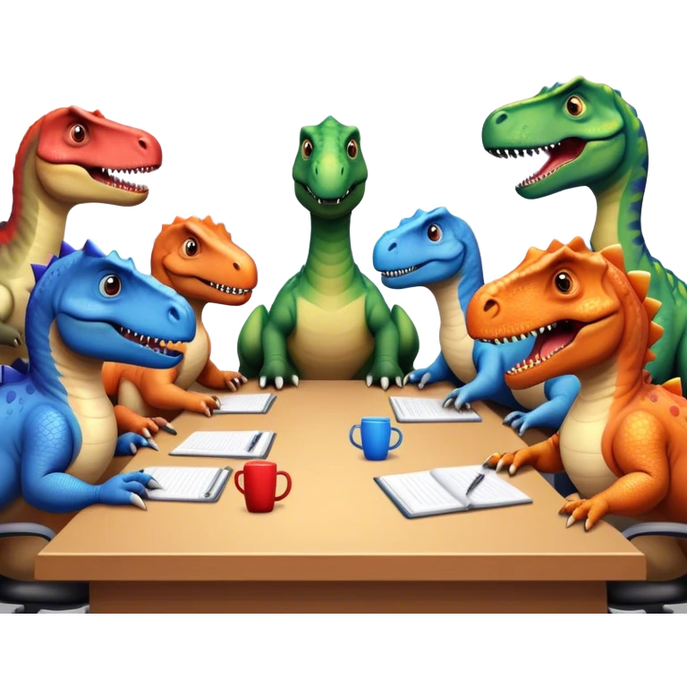 different office dinosaurs sitting along the conference table emoji