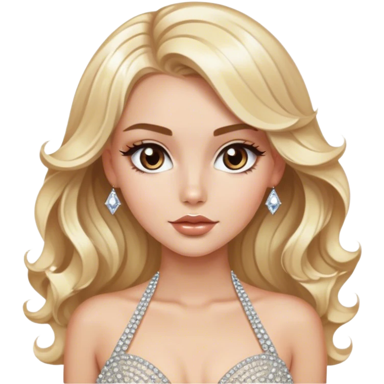 Luxury blonde model, brown eyes, sleek wavy hair, diamanté rhinestone covered gown emoji
