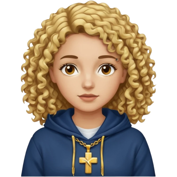 woman with curly brown hair and blonde highlights, brown eyes, and a gold cross necklace over a navy hoodie. emoji