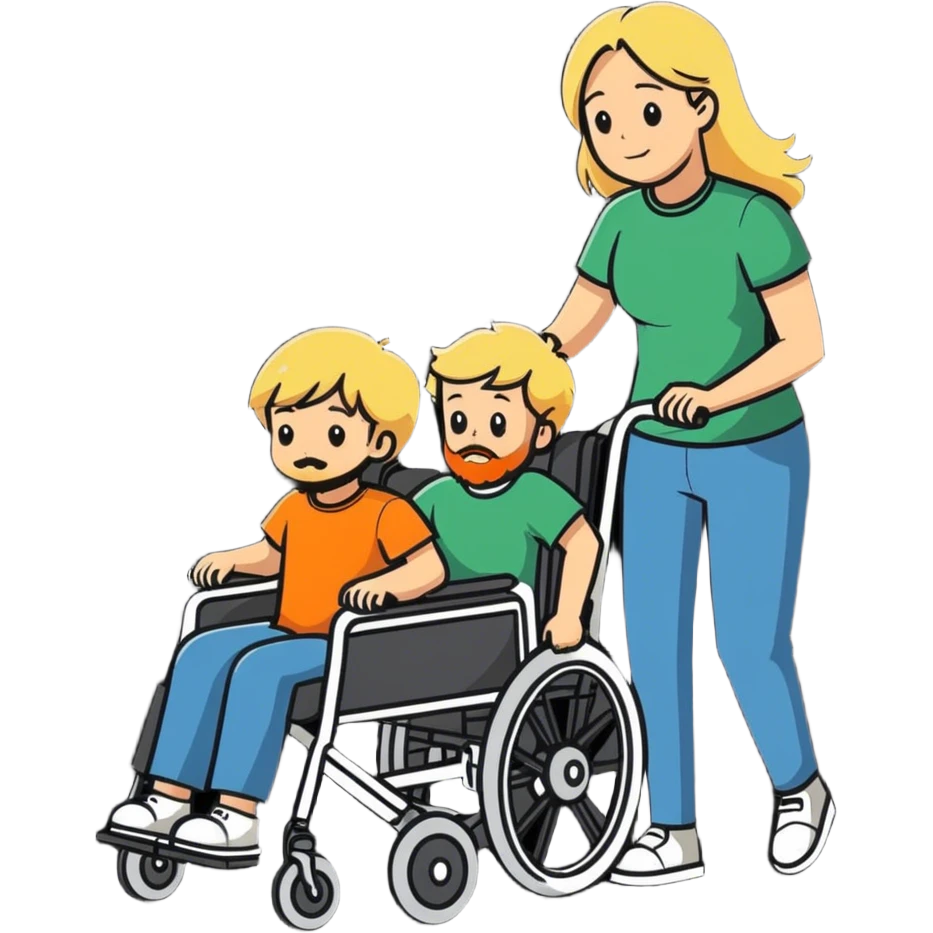 long haired blonde women pushing her bearded son in a wheelchair emoji