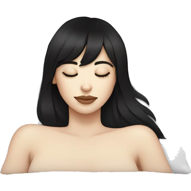 Woman pale skin black hair with bangs sleeping in bed with pillow, white woman emoji