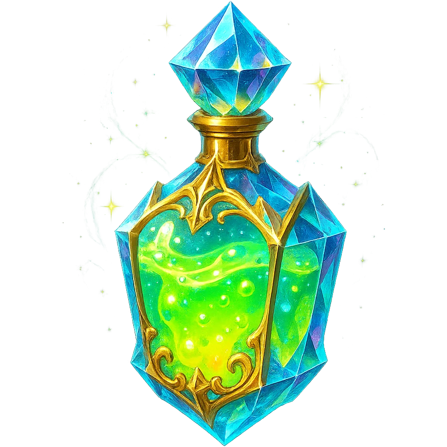 luxurious crystal elixir bottle resembling liquid glowing slime, bright colors, lots of shine, edges, ornaments, golden details, magical effects, very small golden neck, transparent background, beautiful seamless bottom, bottle clearly floating in air, no base or shadow, premium class impression, playful design, liquid style, matching crystal, luxurious, magical bottle collection emoji