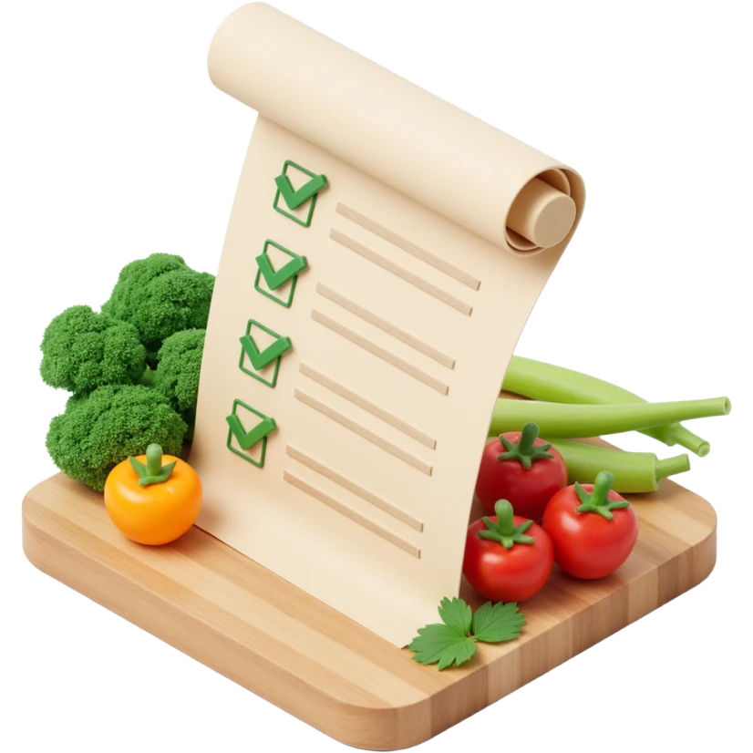 floating rolled paper list with green checkboxes and around vegetables emoji