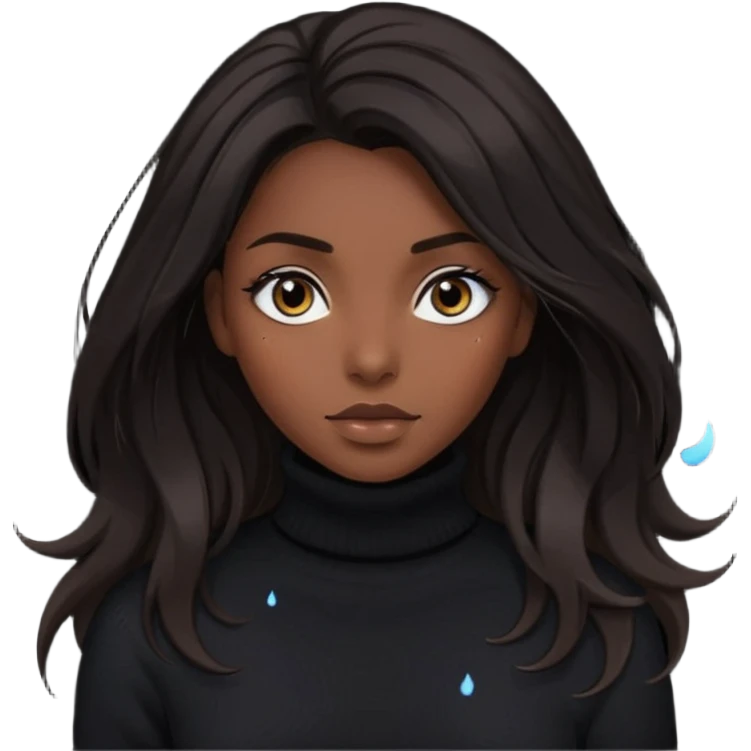 Mujer pelo oscuroy muy largo con unos mechones saliendo ojos oscuros y muy atractiva y con jersey de invierno de cuello vuelto emoji