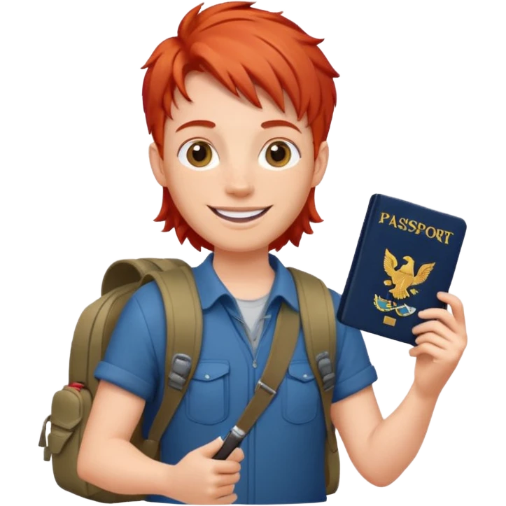 red haired Traveler character with passport, backpacker,  emoji