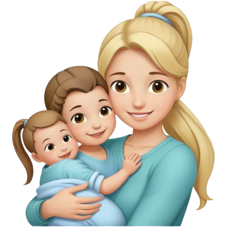 Ponytail girl hugs a newborn baby and a girl emoji