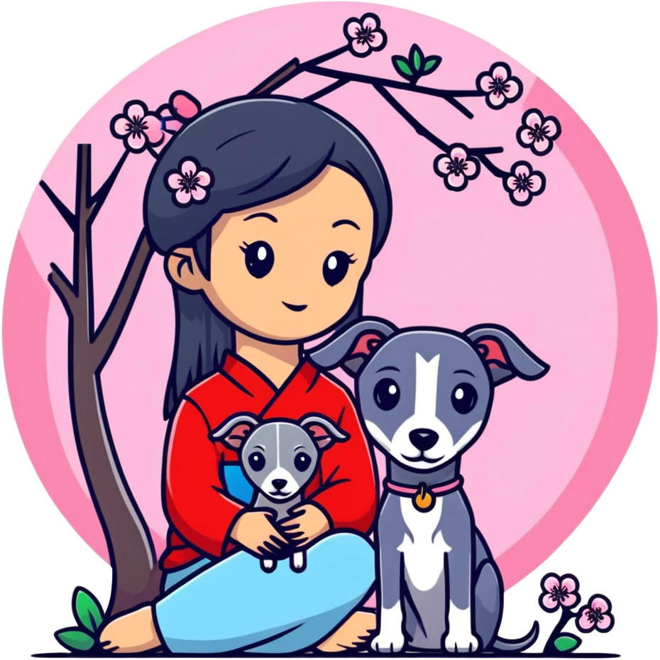 A young Chinese girl with long black hair and a pure dark grey Italian Greyhound with absolutely NO white markings anywhere on its body sitting under a cherry blossom tree. The dog must be completely solid dark grey with no white on muzzle, paws, or chest. emoji