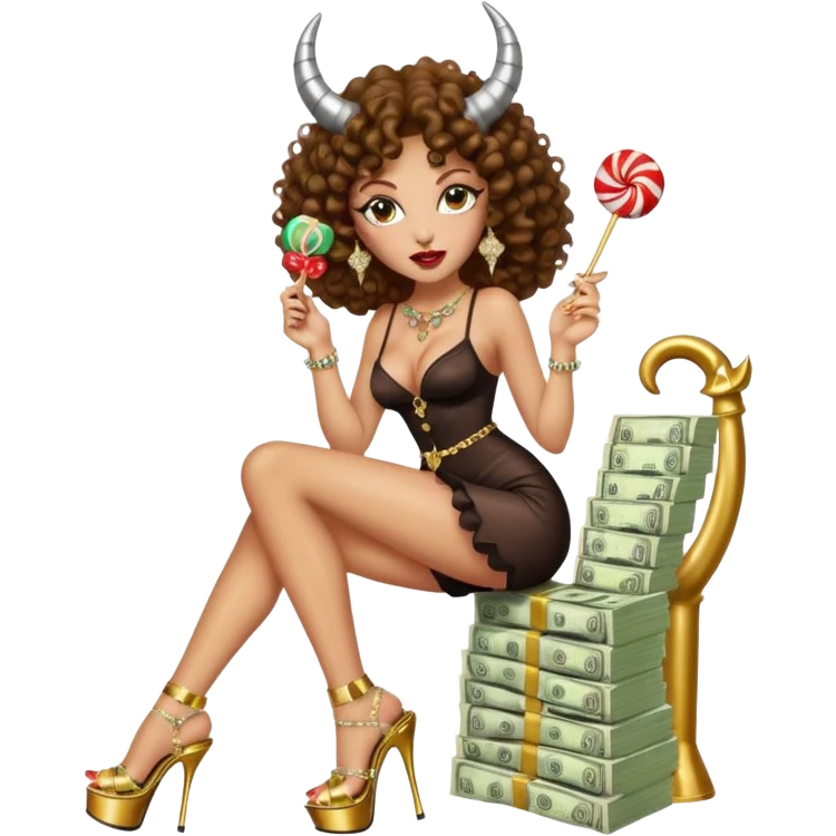 seductress evil brown curly haired sexy drug lord woman with clear glittery platform heels on her feet and horns on her head, holding a stack of cash and a lollipop in her mouth emoji