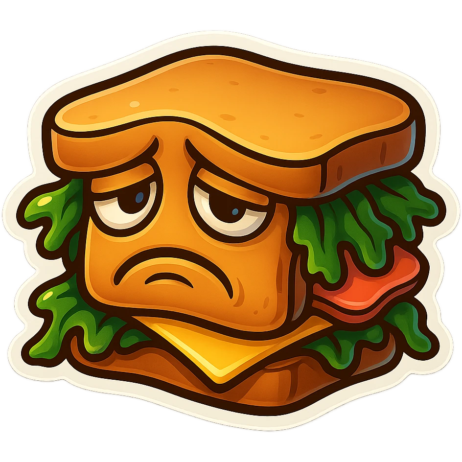Make the miserable sandwich brighter with vivid colors, reduce the number of layers to just two or three main ingredients, keep the sad expression. emoji