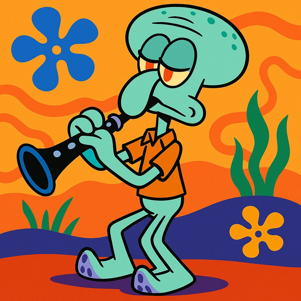 Squidward Tentacles playing the clarinet, vibrant cartoon style emoji