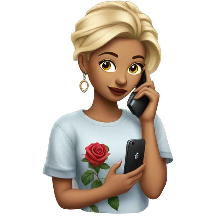Hyper Realistic beautiful woman model with a small rose tattoo talking on a phone  emoji