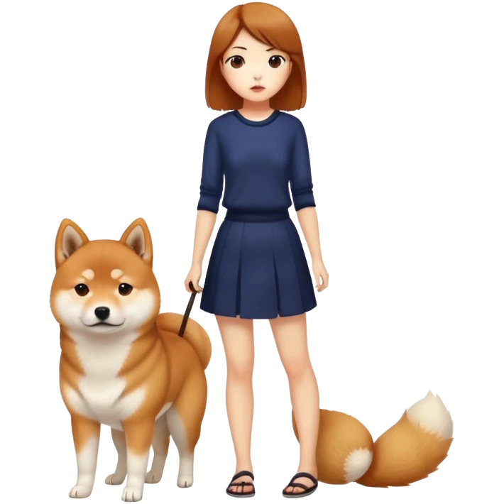 The Shiba Inu is behind and refuses to leave. The pretty girl is standing in front. emoji