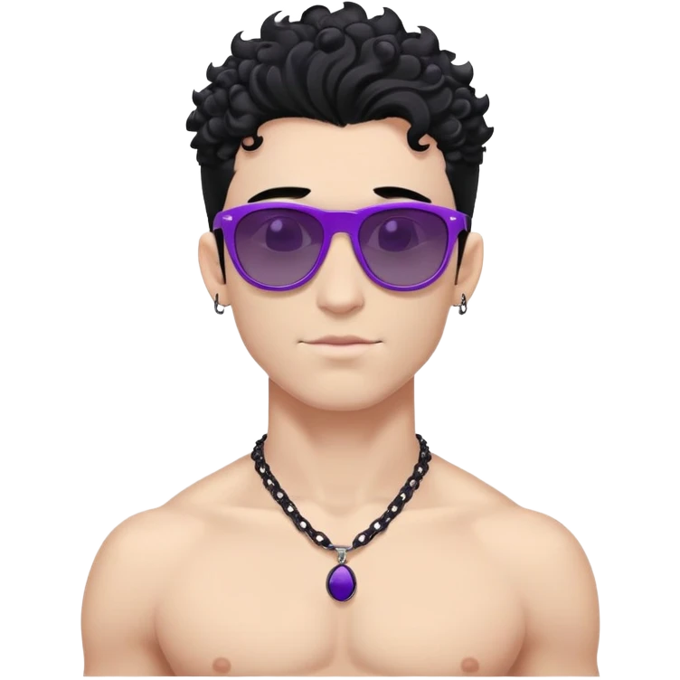 shirtless male athlete with white skin and moderately curly black hair on top with shaved sides, wearing purple sunglasses with black tinted lenses and a plain black chain necklace without pendant emoji