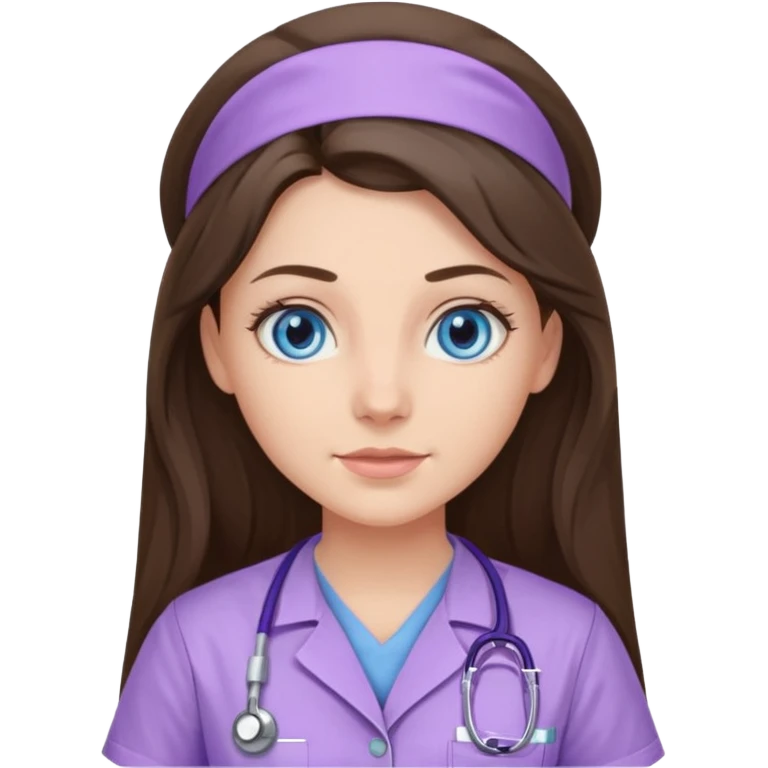 pretty brunette nurse with long hair and blue eyes in lilac scrubs emoji