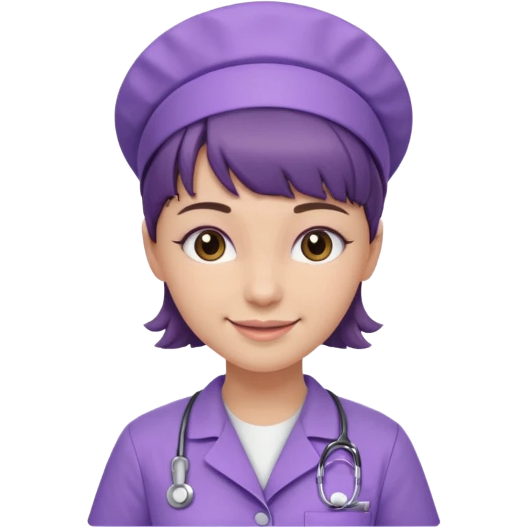 A young female slim nurse with short Brown hair with fringe over her forehead, wearing larvendar purple working cloth emoji