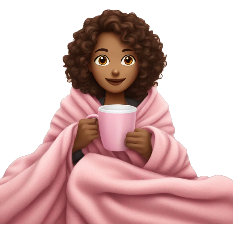 Brunette girl with curly hair in a cozy pink blanket while drinking coffee emoji
