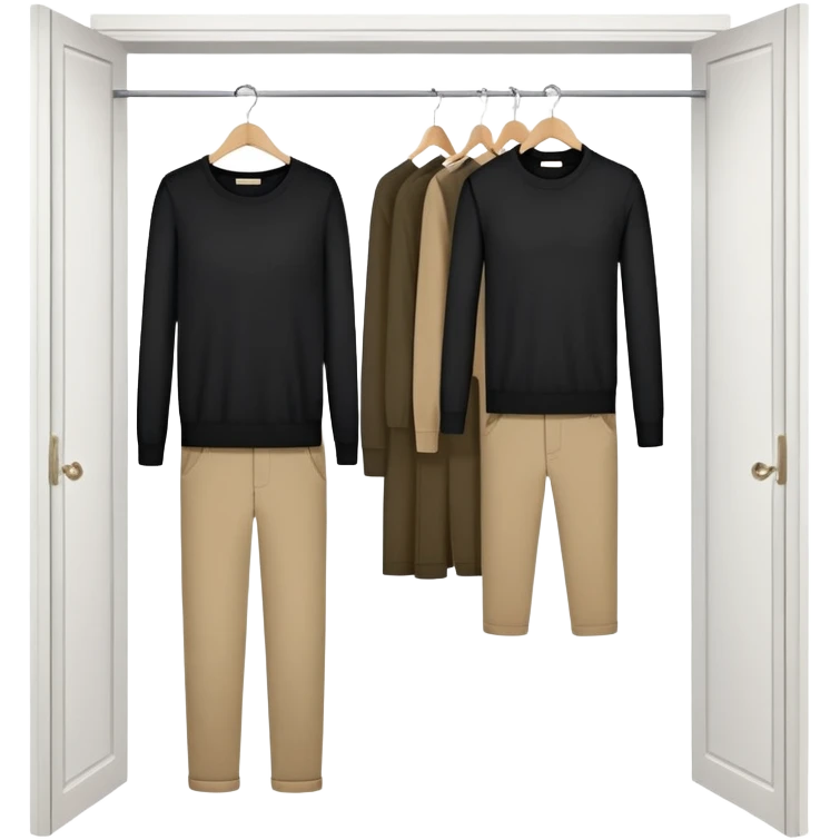 Cute closet with door ajar revealing black long sleeve shirts, sweaters, and khaki work pants hanging organized emoji