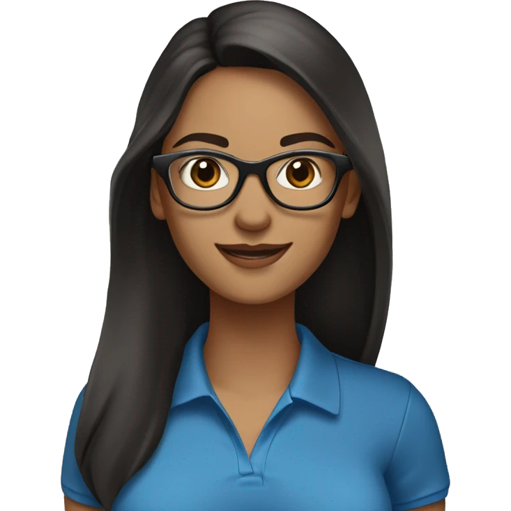 female, light brown skin, long black hair with some grey, wearing blue eyeglasses. Brown eyes. Wering a polo shirt. Smiling emoji