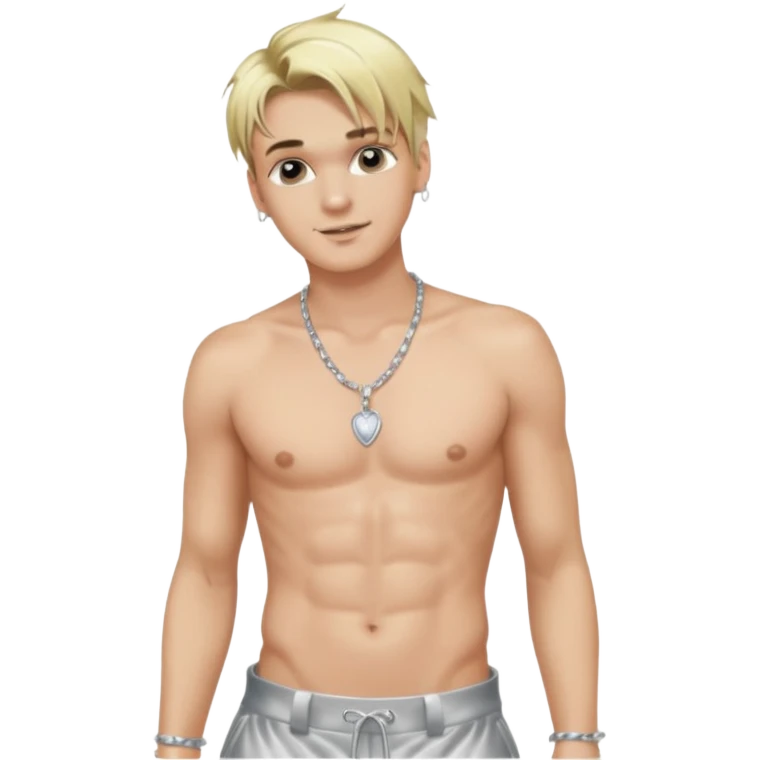 Aaron Carter with blonde hair, silver satin baggy pants, shirtless with necklace  emoji