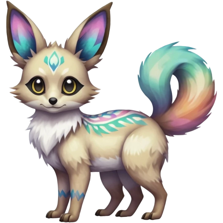 Rare iridescent white exotic epic aesthetic colorful Trico-Eevee-Genet-species-Fakemon-hybrid-creature, with intricate tattoo markings, full body emoji