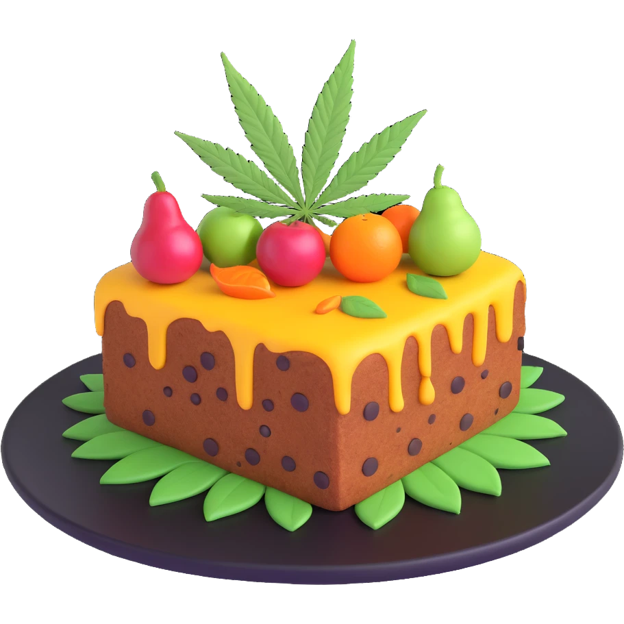 colorful frosted fruit cake with cannabis leaf on a plate emoji